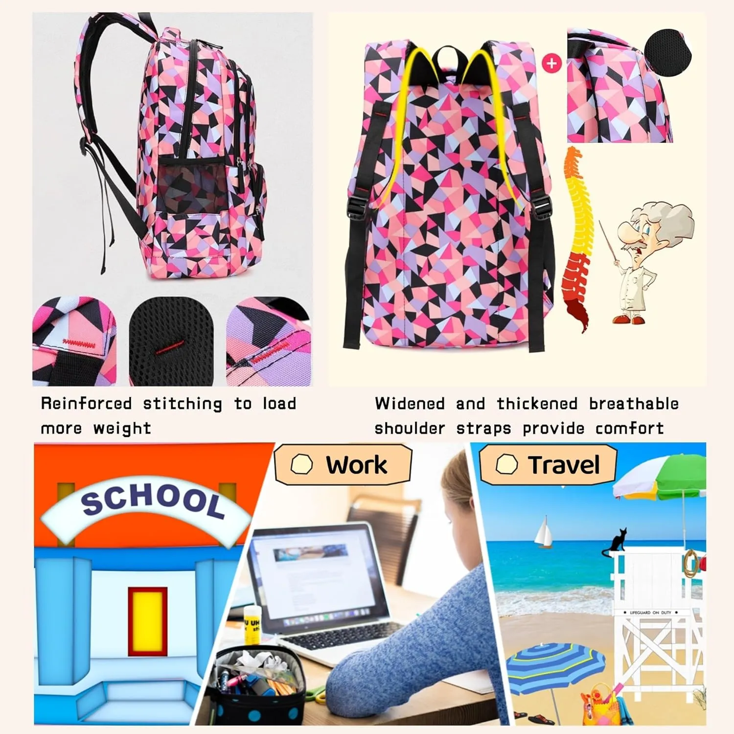 Bansusu Geometric Print Kids Backpack for Girls Boys School Bag Bookbags