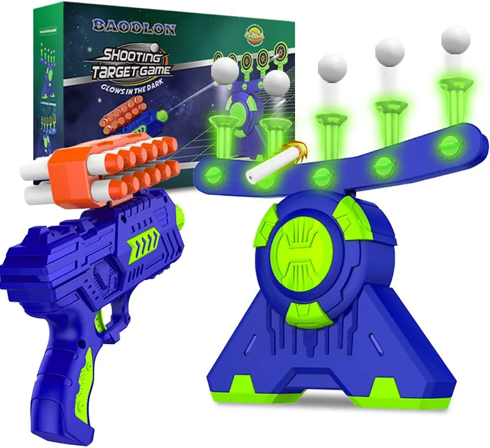 BAODLON Shooting Games Toy for Age 5, 6, 7, 8, 9, 10  Years Old Kids, Boys - Glow in The Dark Floating Ball Target with Foam Dart Toy Gun, 10 Balls/5 Targets - Ideal Gift