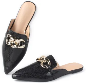 Baotou Half Slippers Women's 2024 Point Toe Metal Buck Flat Shoes Banquet Slippers Fashion Slippers Fashinable Chain Casual Office Lady Comfortable Muller Slippers Sandals