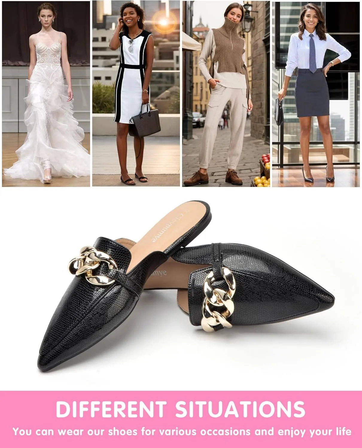 Baotou Half Slippers Women's 2024 Point Toe Metal Buck Flat Shoes Banquet Slippers Fashion Slippers Fashinable Chain Casual Office Lady Comfortable Muller Slippers Sandals
