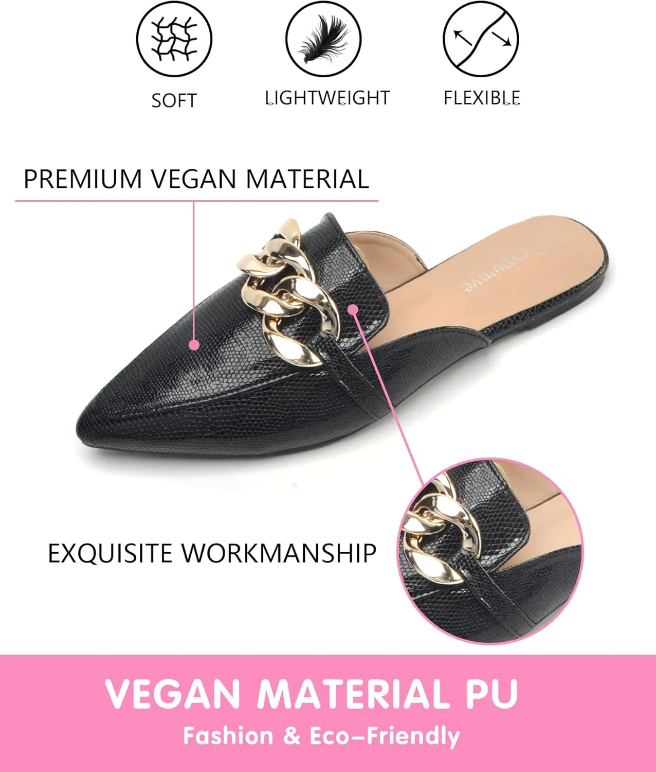 Baotou Half Slippers Women's 2024 Point Toe Metal Buck Flat Shoes Banquet Slippers Fashion Slippers Fashinable Chain Casual Office Lady Comfortable Muller Slippers Sandals