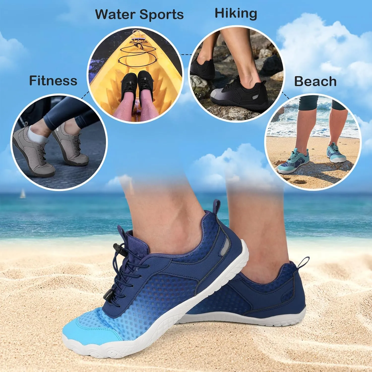 BARERUN Water Shoes Women Men Quick-Dry Wide Toe Athletic Hiking Water Sports Shoes Adjustable Zero Drop Barefoot Shoes for Beach Swim Kayaking Surfing Walking Training