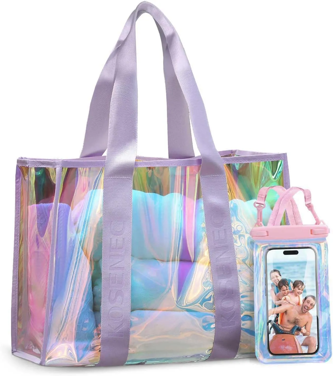 Beach Bags for Women, 30L Large Iridescent Clear Tote Bag, Sandproof, Tip-Proof, Foldable & Widen Strap Beach Tote Bag   Waterproof Phone Pouch - Travel Essentials for Pool, Cruise, Vacation
