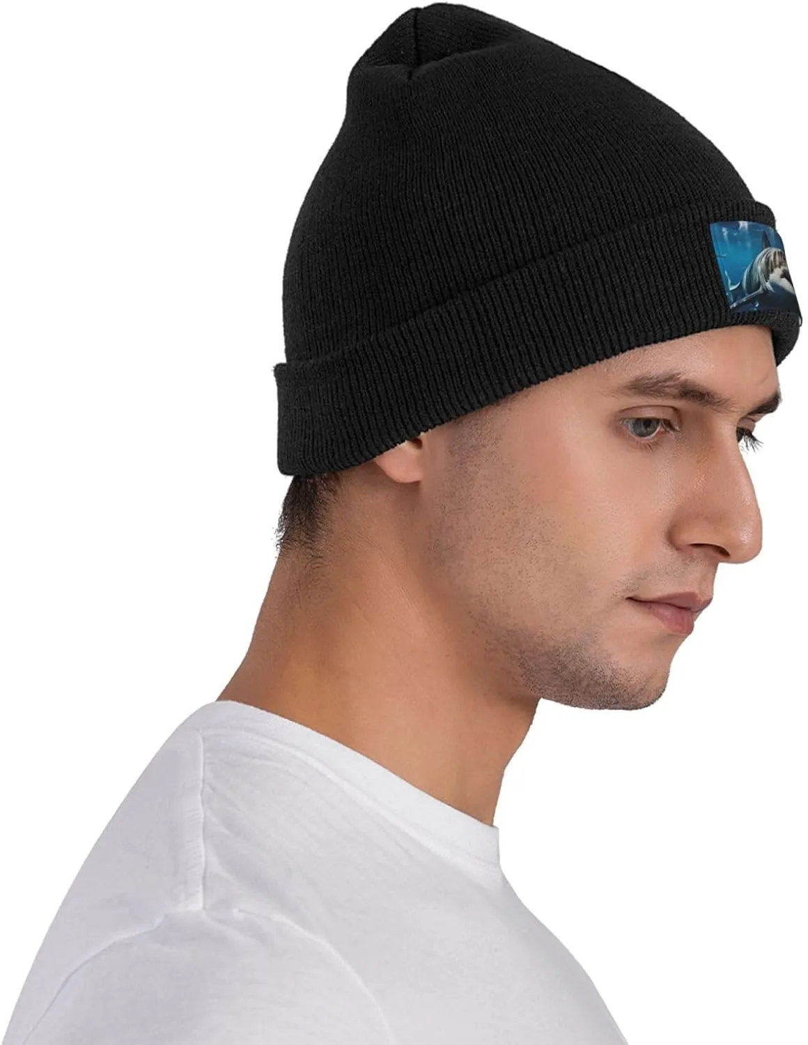 Beanie for Men Winter Hats for Women Knit Hat Great White Shark Beanie Soft Warm Cuffed Caps Stylish Watch Cap Black Beanie