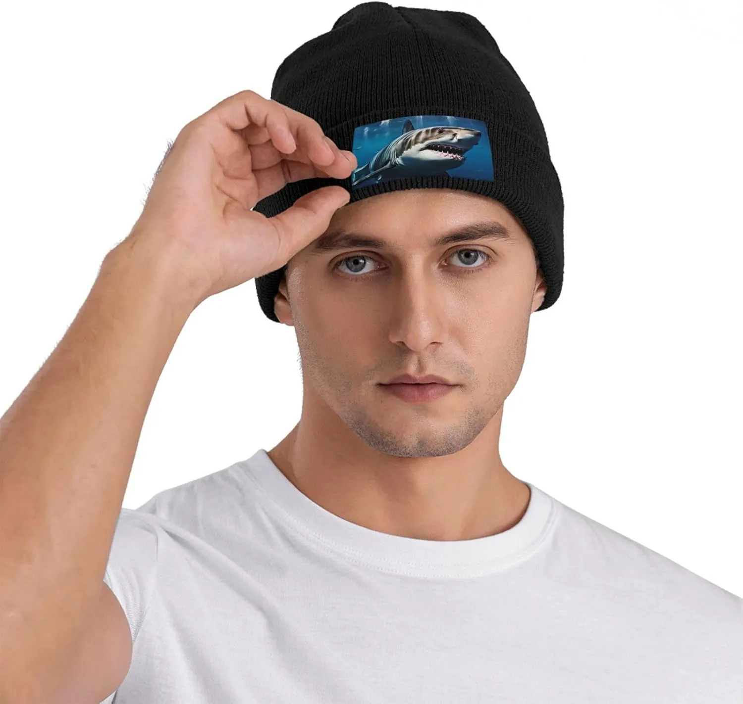 Beanie for Men Winter Hats for Women Knit Hat Great White Shark Beanie Soft Warm Cuffed Caps Stylish Watch Cap Black Beanie