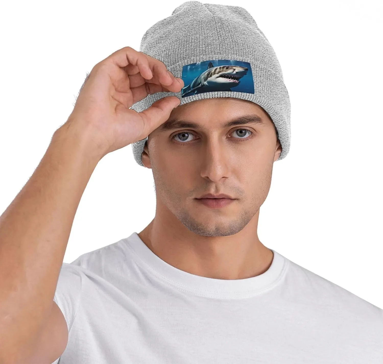 Beanie for Men Winter Hats for Women Knit Hat Great White Shark Beanie Soft Warm Cuffed Caps Stylish Watch Cap Black Beanie