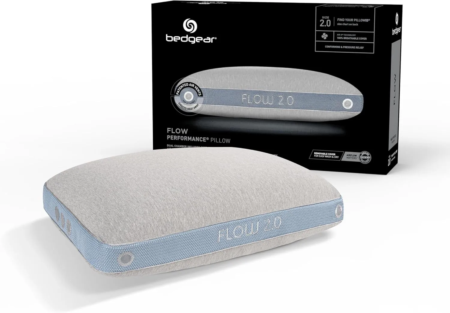 Bedgear Flow Performance Pillow - Size 2.0 - Hybrid Design Firmness Bed Pillows for All Sleep Positions - Maximum Breathability - Washable Cover - 20" W x 26" L x 5.75" H