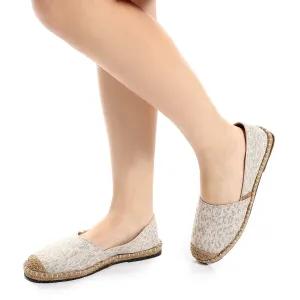Beige Straw Round Toe Printed Espadrille