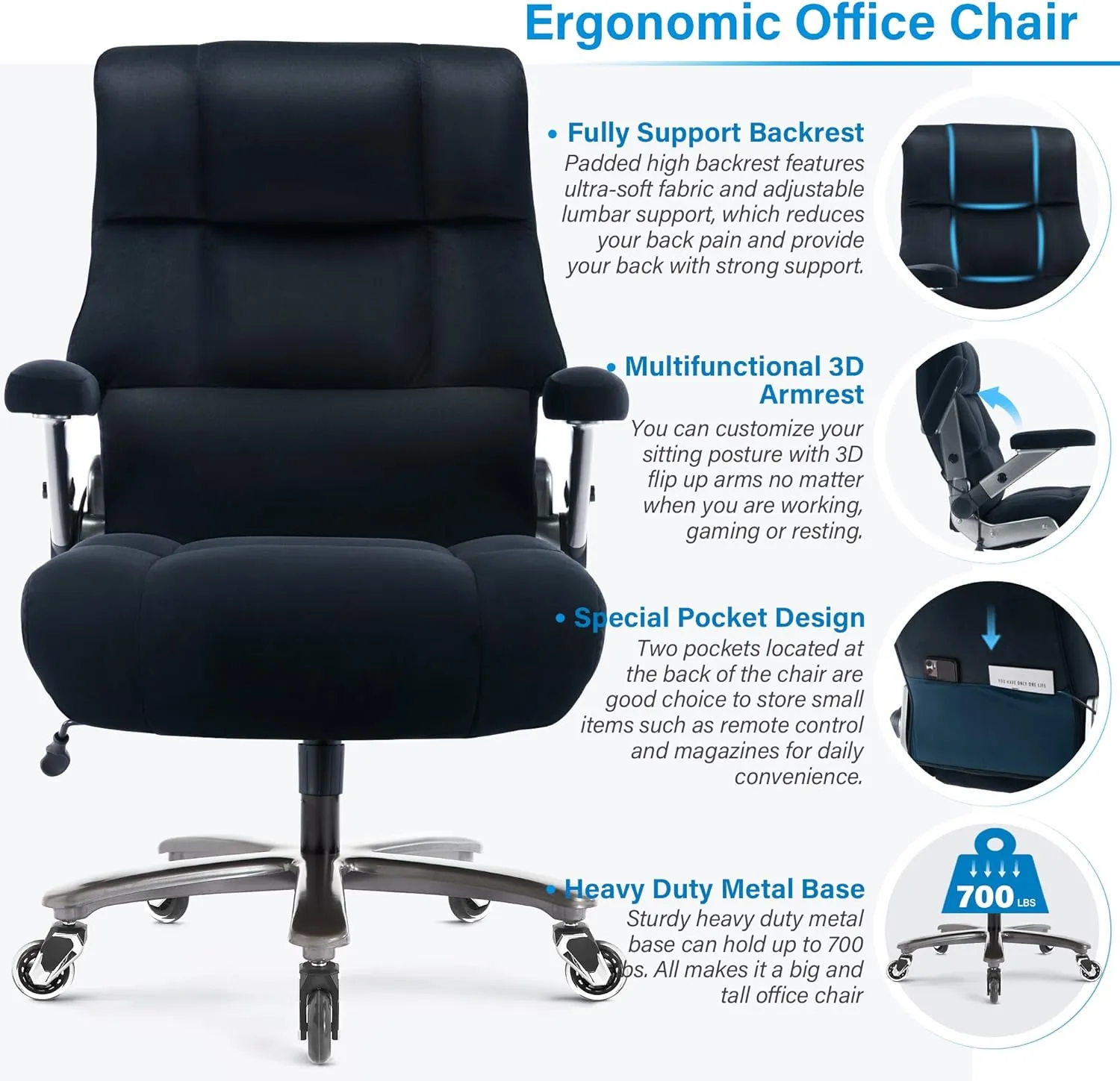 Big and Tall Office Chair 700lbs- Executive Desk Chair with Adjustable Lumbar Support 3D Flip UP Arms- Heavy Duty Quiet Wheels Metal Base Ergonomic Computer Chairs, Black