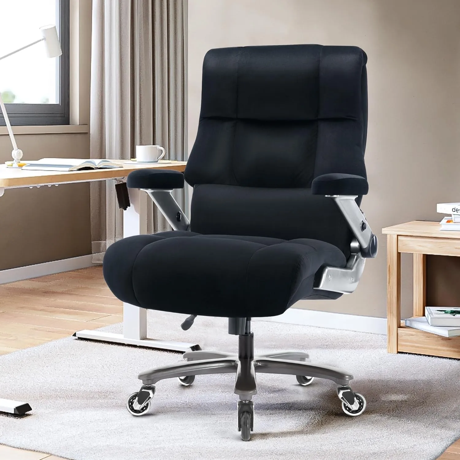 Big and Tall Office Chair 700lbs- Executive Desk Chair with Adjustable Lumbar Support 3D Flip UP Arms- Heavy Duty Quiet Wheels Metal Base Ergonomic Computer Chairs, Black