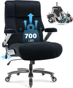 Big and Tall Office Chair 700lbs- Executive Desk Chair with Adjustable Lumbar Support 3D Flip UP Arms- Heavy Duty Quiet Wheels Metal Base Ergonomic Computer Chairs, Black