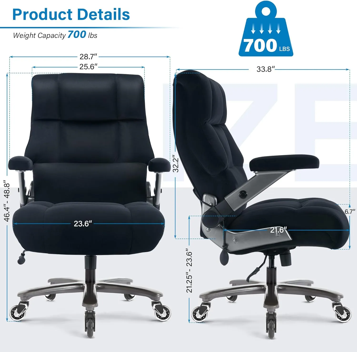 Big and Tall Office Chair 700lbs- Executive Desk Chair with Adjustable Lumbar Support 3D Flip UP Arms- Heavy Duty Quiet Wheels Metal Base Ergonomic Computer Chairs, Black