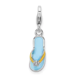 Blue And Yellow Flip Flop With Flower Charm Pendant in Real 925 Sterling Silver