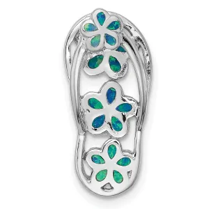 Blue Created Opal Flip Flop With Flowers Slide Charm Pendant in Real 925 Sterling Silver