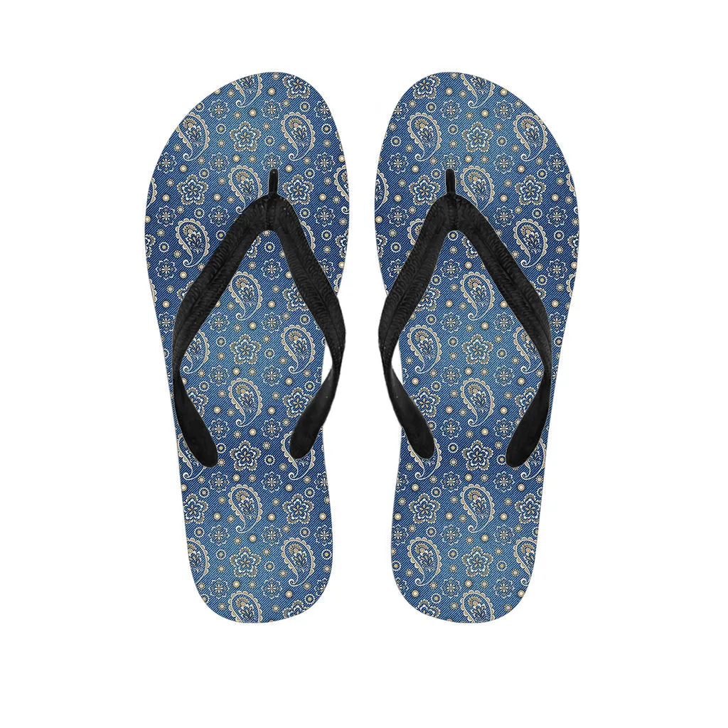 Blue Denim Hawaiian Paisley Print Flip Flops: Stylish Island Footwear
