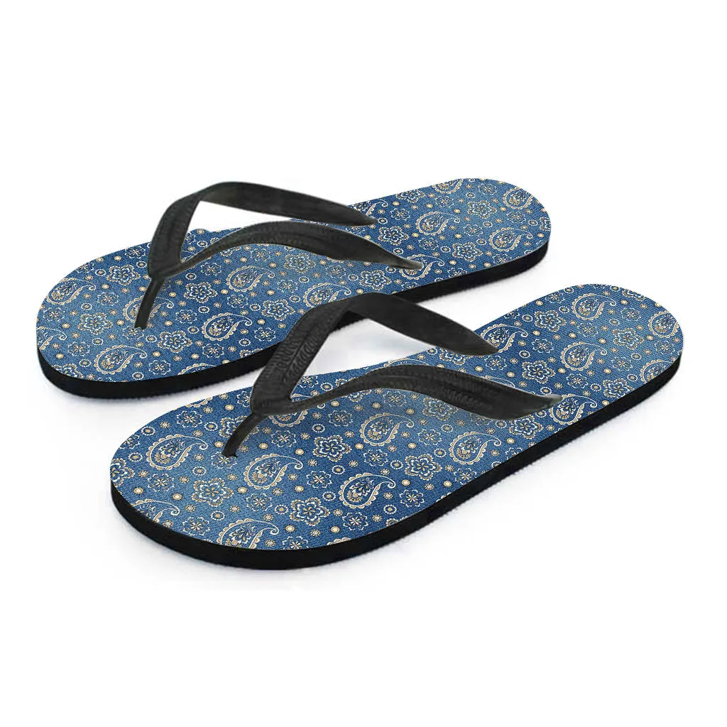Blue Denim Hawaiian Paisley Print Flip Flops: Stylish Island Footwear