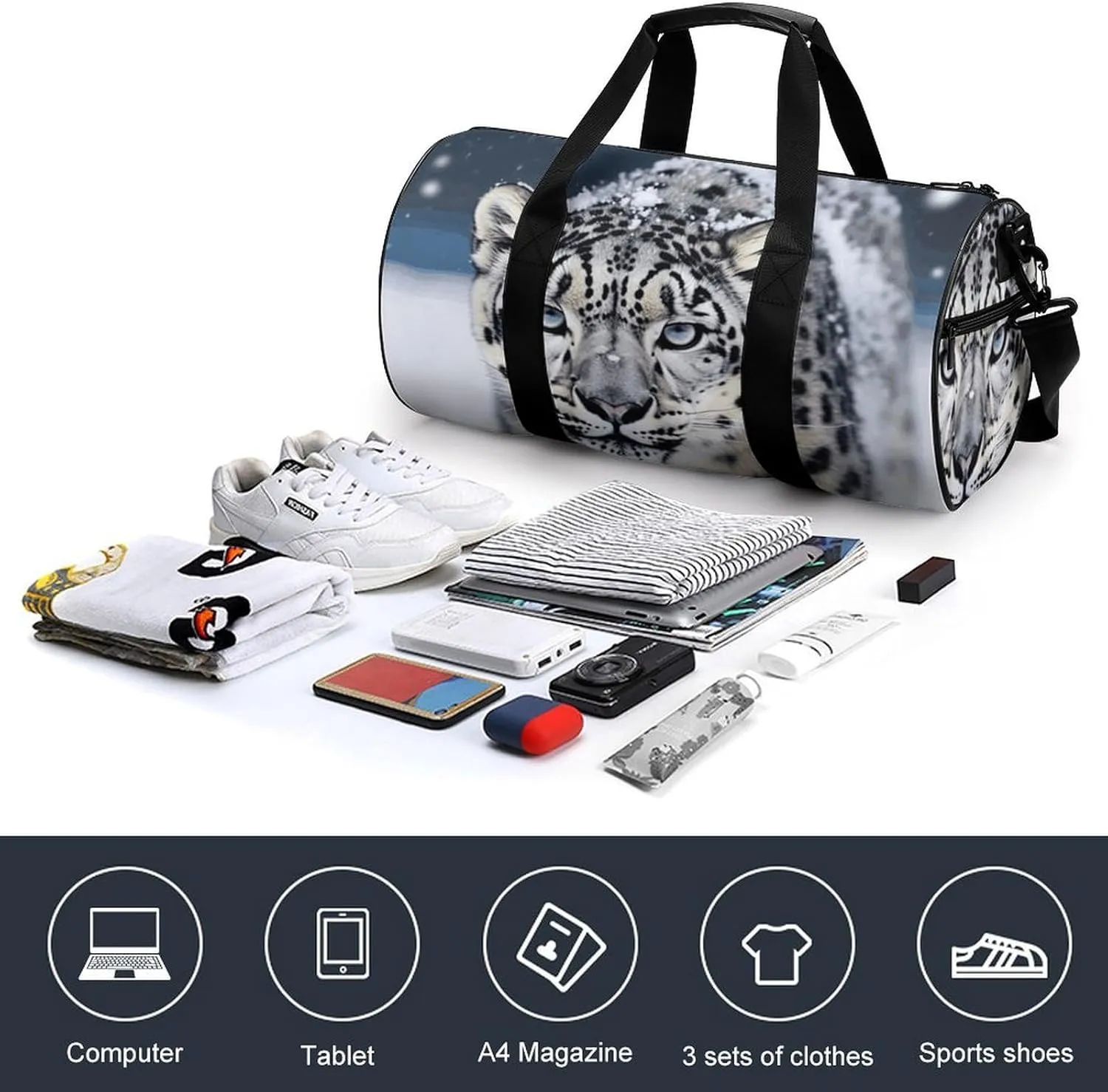 Blue Eyed Snow Leopard Gym Bag Small Travel Duffle Bag with Compartment Carry On Weekender Bag for Women Men