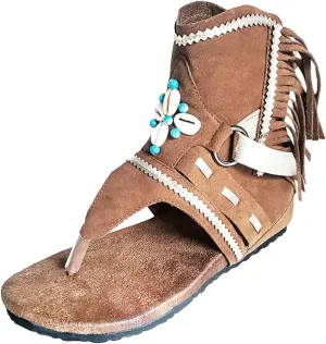 Boho Sandals for Women Flat Vintage Fringe Tassel Clip Toe Flip Flops Beaded Beach Shoes Ladies Casual Boots