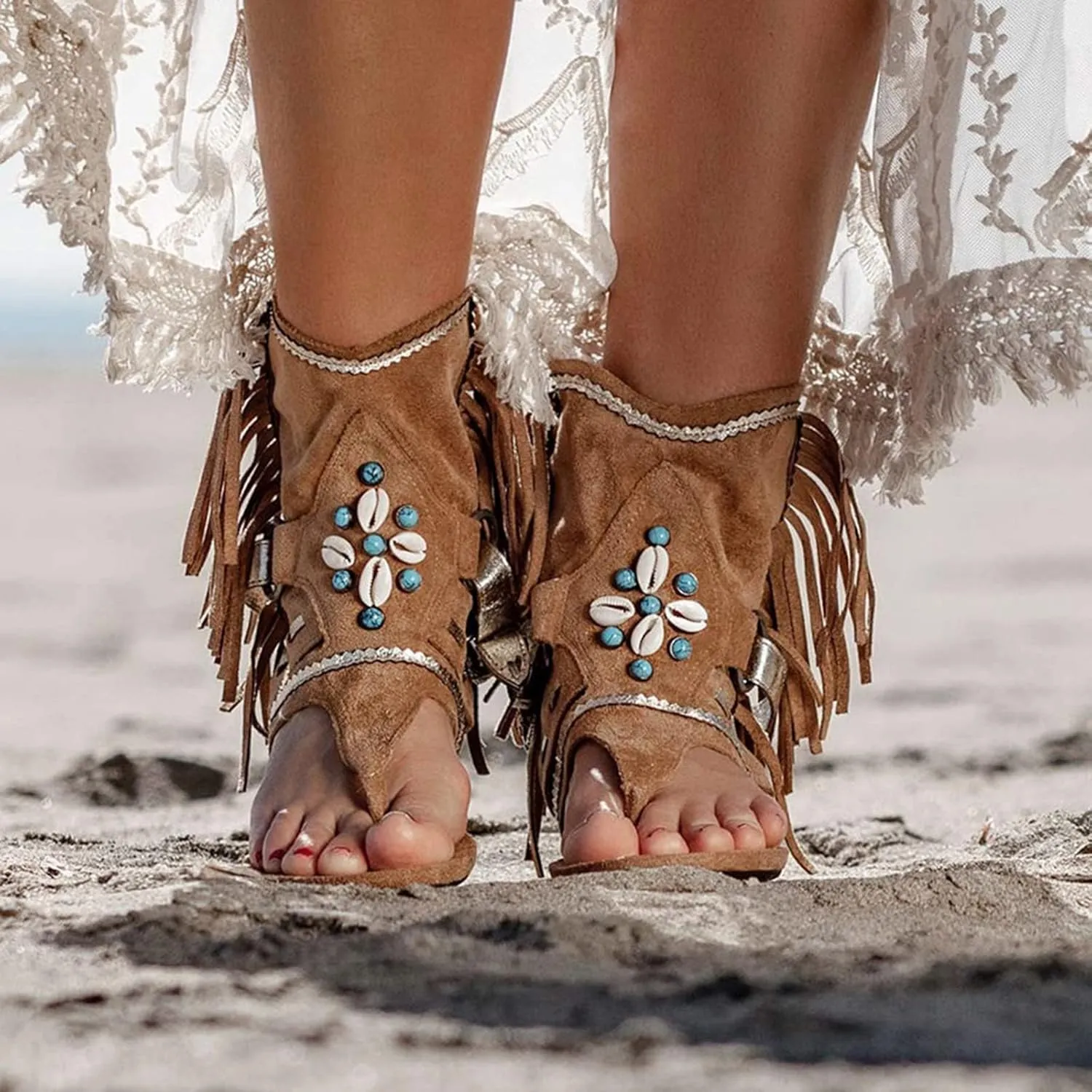 Boho Sandals for Women Flat Vintage Fringe Tassel Clip Toe Flip Flops Beaded Beach Shoes Ladies Casual Boots
