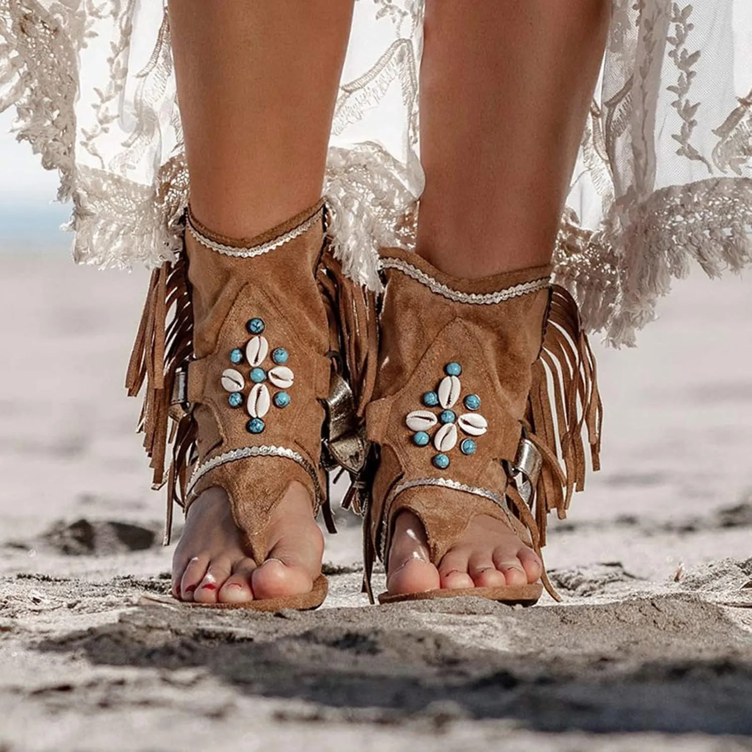 Boho Sandals for Women Flat Vintage Fringe Tassel Clip Toe Flip Flops Beaded Beach Shoes Ladies Casual Boots