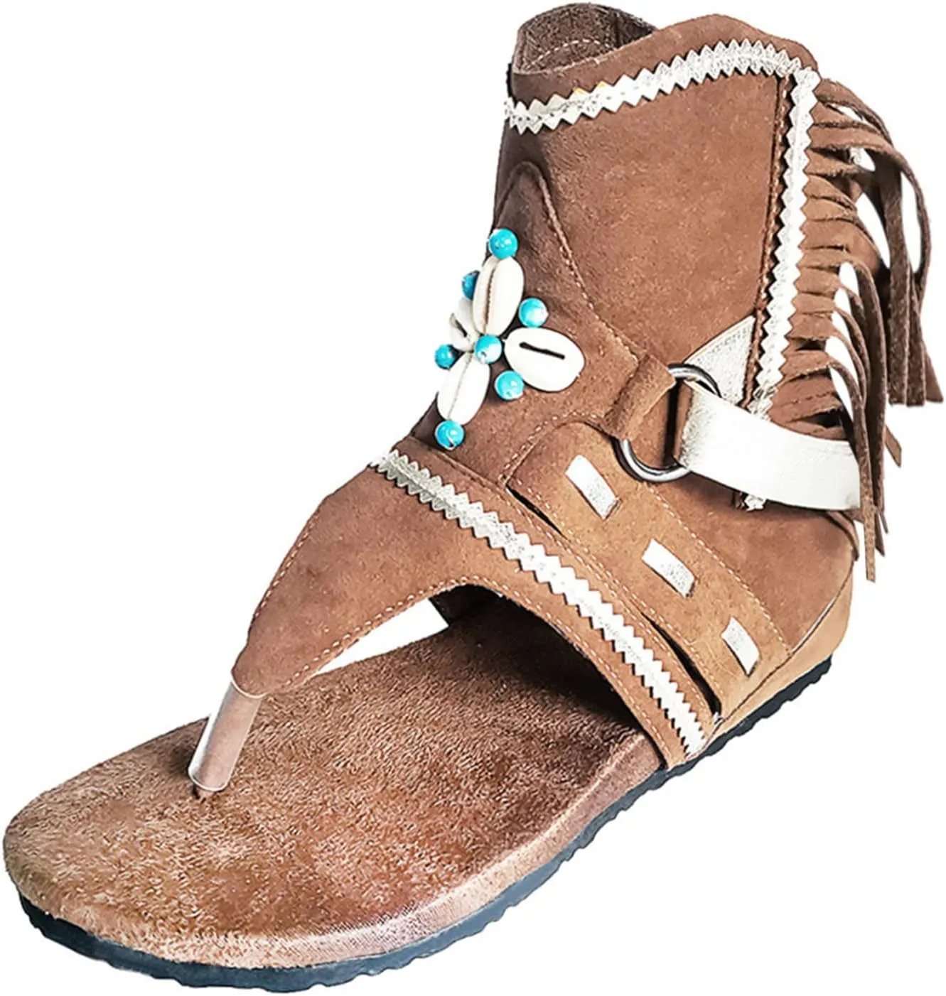 Boho Sandals for Women Flat Vintage Fringe Tassel Clip Toe Flip Flops Beaded Beach Shoes Ladies Casual Boots