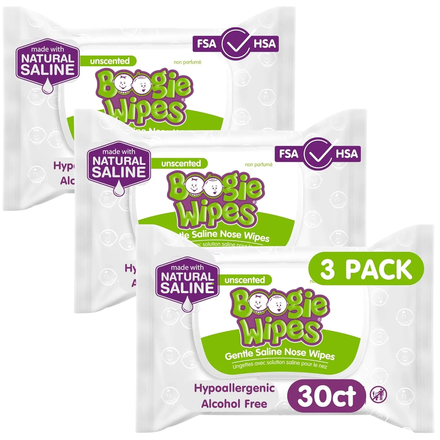 Boogie Wipes, Saline Wipes for Baby & Kids, Nose Booger Wipes for Allergy Relief, Face, Hand & Body, Made with Vitamin E, Aloe and Natural Saline, Unscented, 30 Count (Pack of 3)