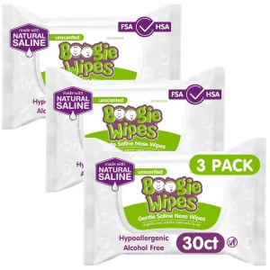 Boogie Wipes, Saline Wipes for Baby & Kids, Nose Booger Wipes for Allergy Relief, Face, Hand & Body, Made with Vitamin E, Aloe and Natural Saline, Unscented, 30 Count (Pack of 3)