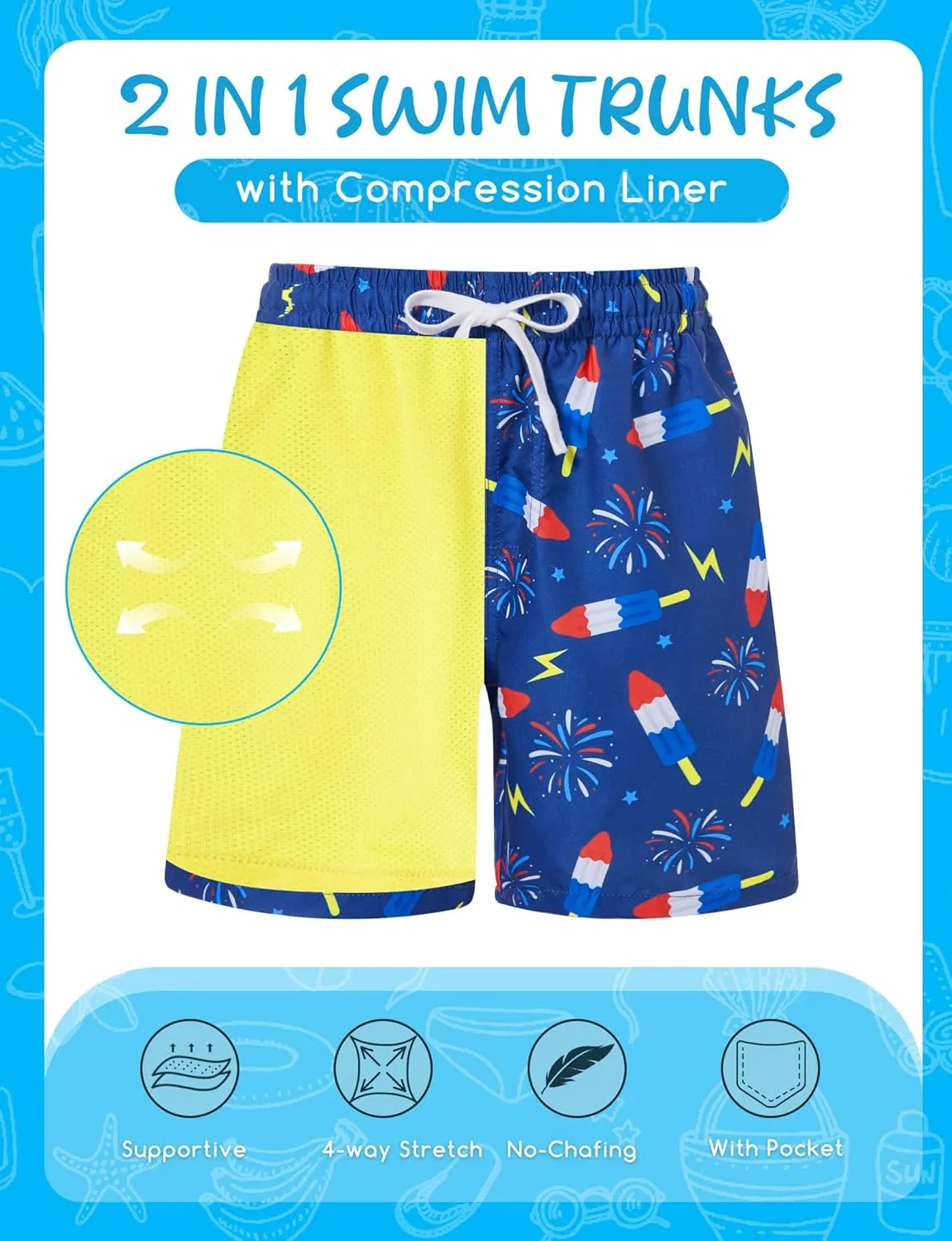 Boys Swim Trunks with Compression Liner for 6-20 Years Kids Quick Dry Bathing Suit