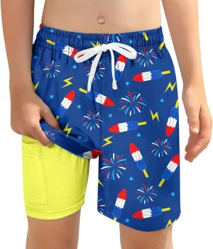 Boys Swim Trunks with Compression Liner for 6-20 Years Kids Quick Dry Bathing Suit