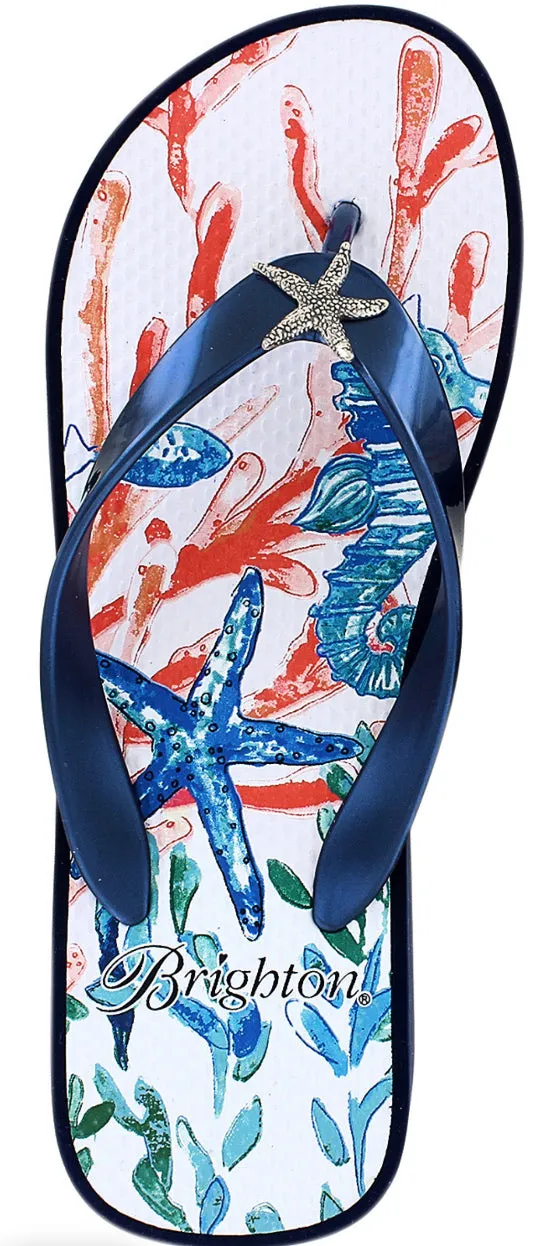 Brighton Scuba Wedge Flip Flops - Navy with Starfish Adornment