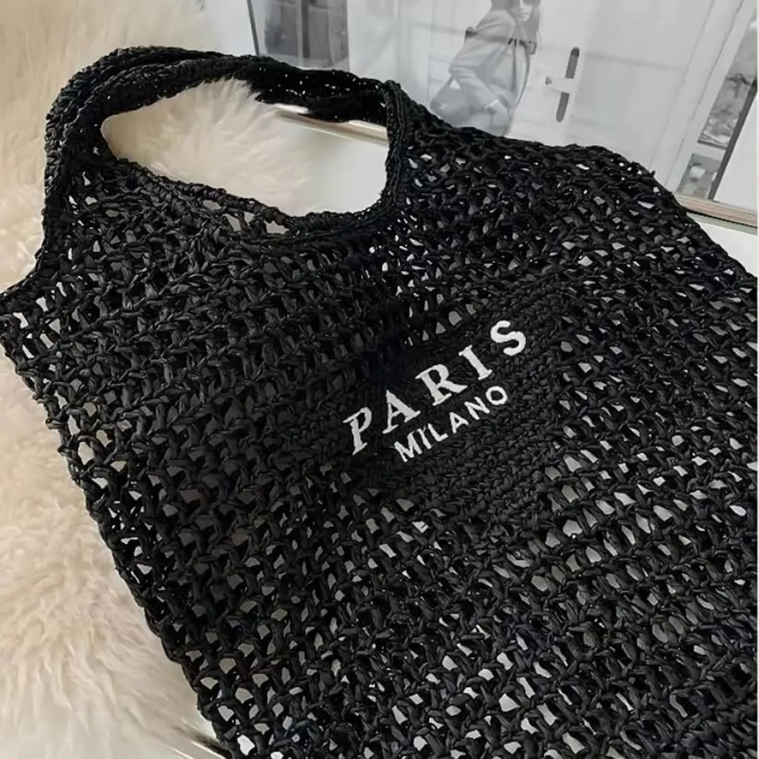 bufftieo Straw Woven Tote for Women - Mesh Hollow Beach Hobo Shoulder Travel Bag