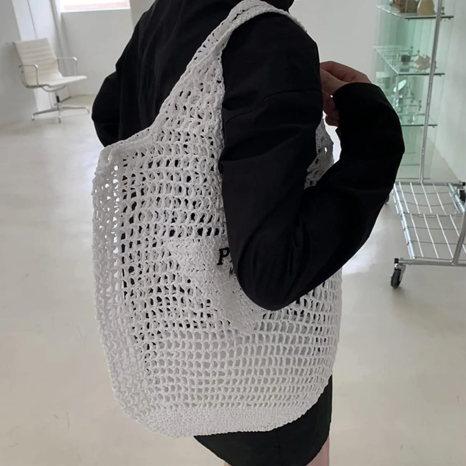 bufftieo Straw Woven Tote for Women - Mesh Hollow Beach Hobo Shoulder Travel Bag