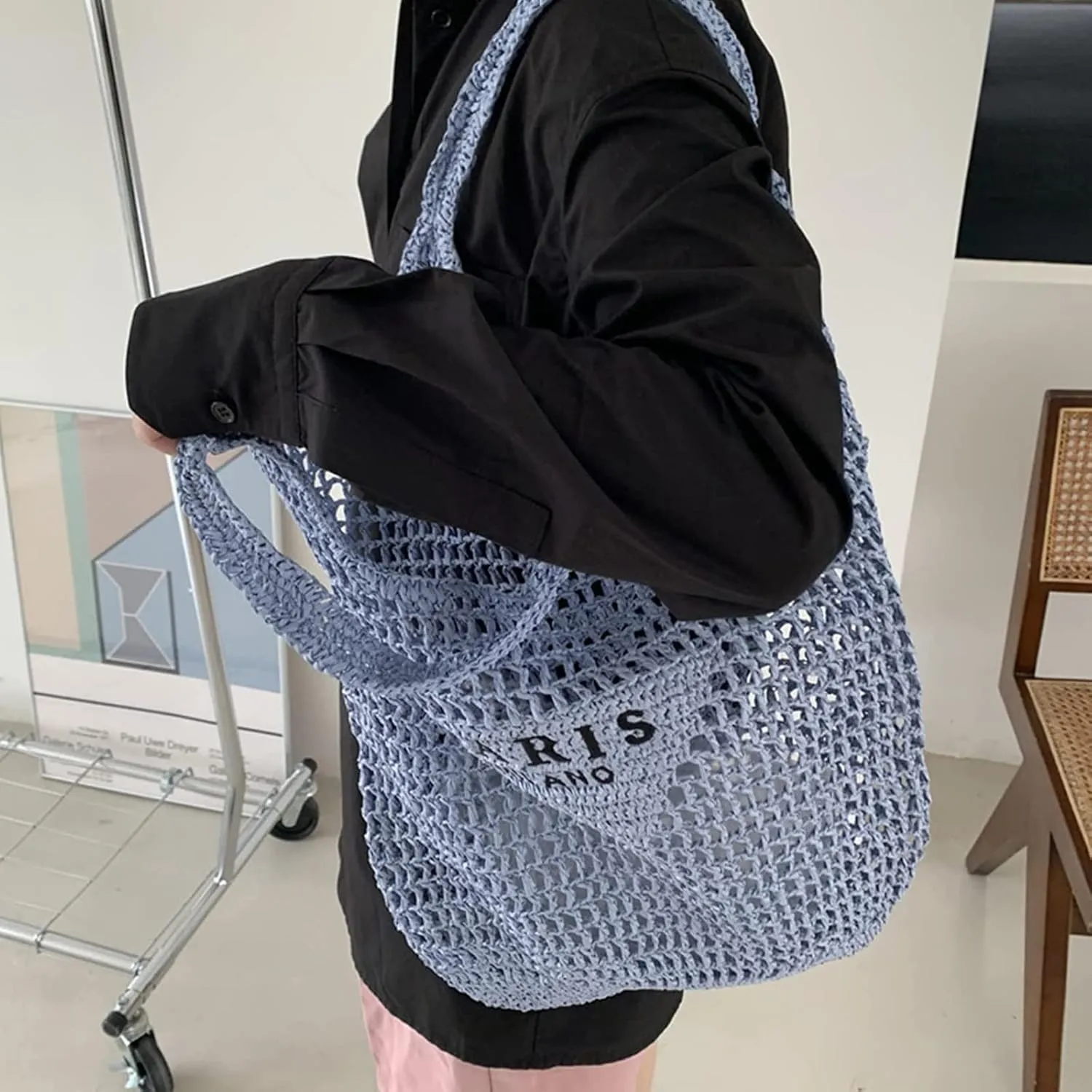 bufftieo Straw Woven Tote for Women - Mesh Hollow Beach Hobo Shoulder Travel Bag