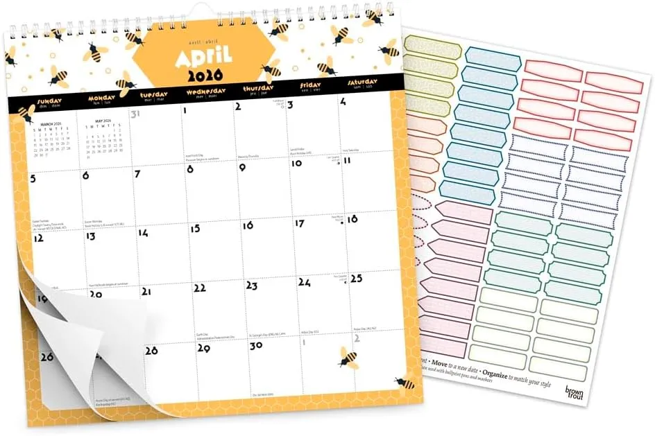 Busy Bees | 2026 12 x 12 Inch (Hanging) 18 Months Monthly Square Wire-O Calendar | Sticker Sheet | July 2025 - December 2026 | Plato | Planning Stationery