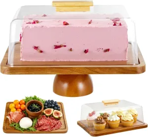 Cake Stand with Lid, Acacia Wood Rectangular Cake Holder, 2-in-1 Dessert Table Display Set & Charcuterie Board with Detachable Base, Large Acrylic Cake Dome Cover