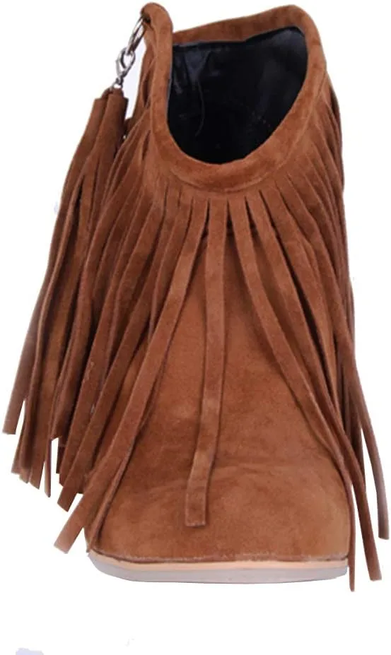 Caradise Womens Tassel Fringe Cowboy Boots Faux Suede Chunky High Heel Ankle Boots