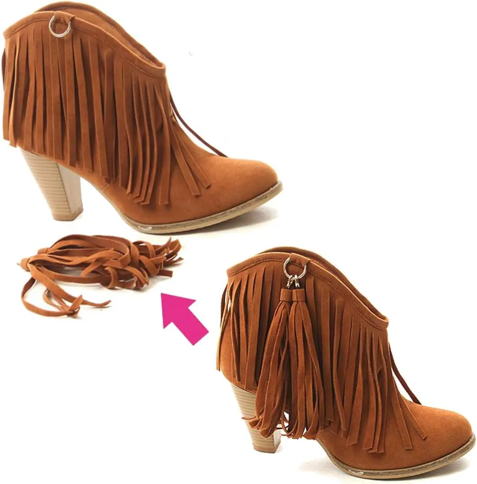 Caradise Womens Tassel Fringe Cowboy Boots Faux Suede Chunky High Heel Ankle Boots