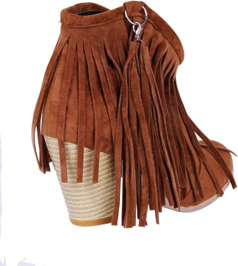 Caradise Womens Tassel Fringe Cowboy Boots Faux Suede Chunky High Heel Ankle Boots