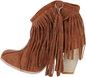 Caradise Womens Tassel Fringe Cowboy Boots Faux Suede Chunky High Heel Ankle Boots