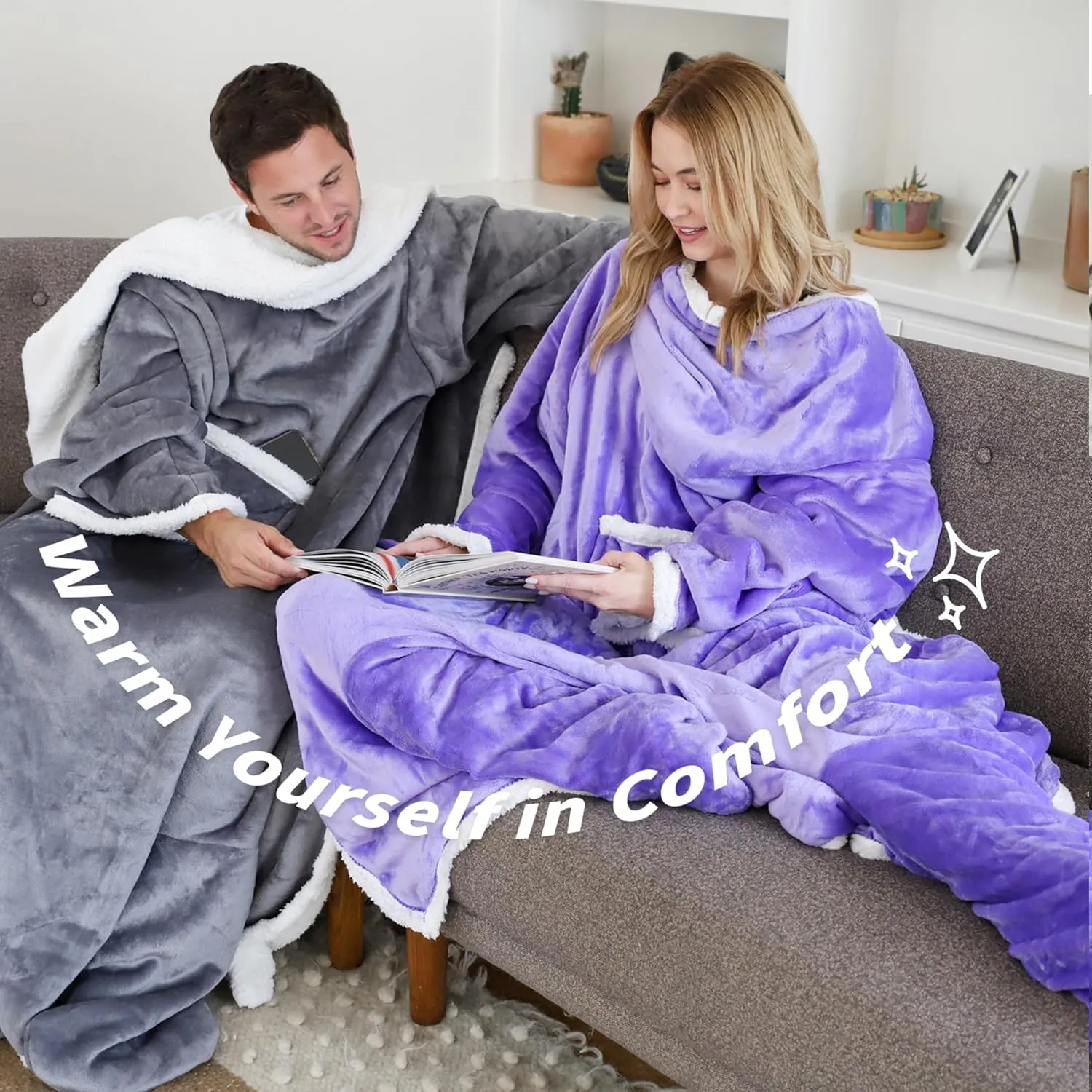 Catalonia Sherpa Wearable Blanket with Sleeves & Foot Pockets for Adult Women Men, Comfy Snuggle Wrap Sleeved Throw Blanket Robe, Gift Idea, Grey