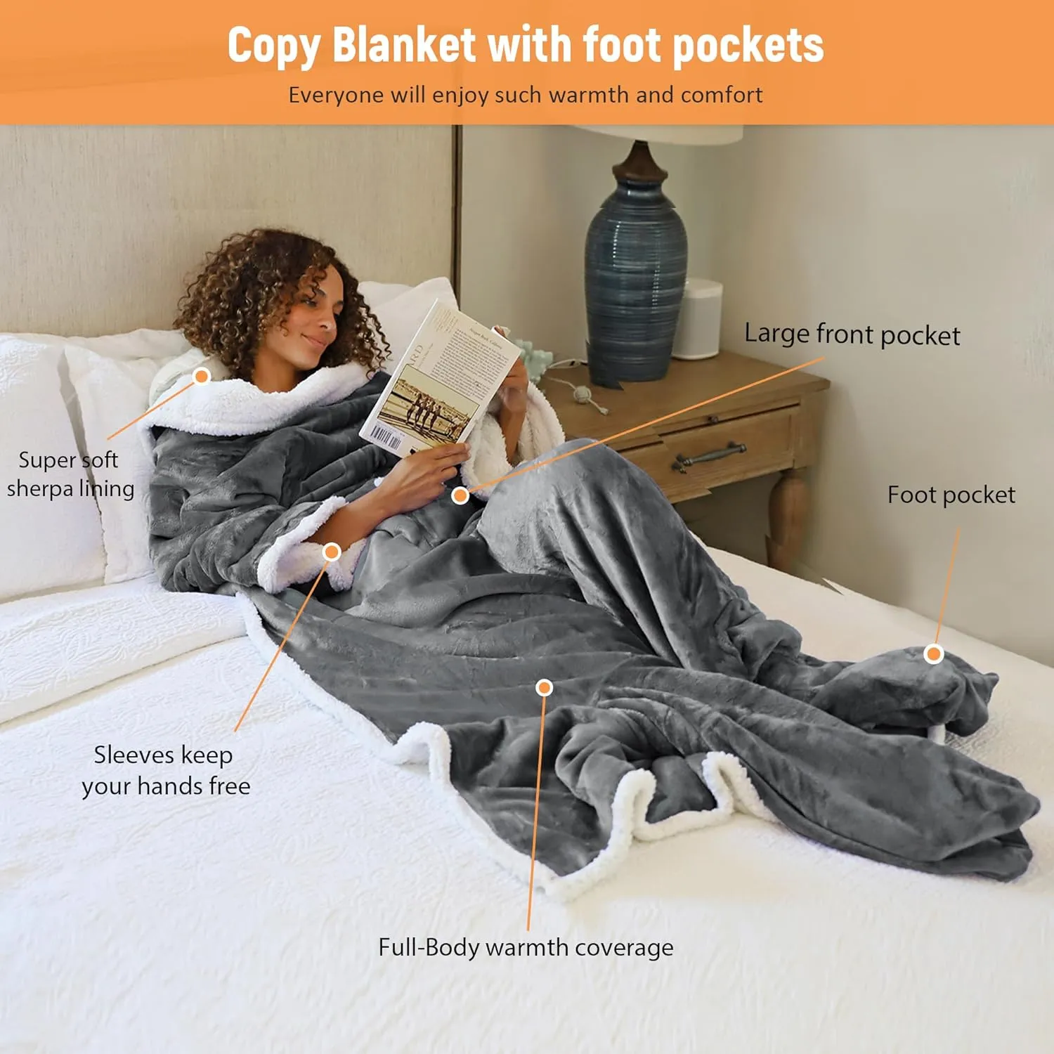 Catalonia Sherpa Wearable Blanket with Sleeves & Foot Pockets for Adult Women Men, Comfy Snuggle Wrap Sleeved Throw Blanket Robe, Gift Idea, Grey