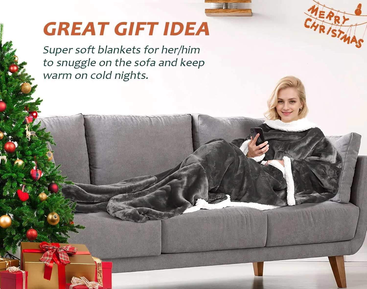 Catalonia Sherpa Wearable Blanket with Sleeves & Foot Pockets for Adult Women Men, Comfy Snuggle Wrap Sleeved Throw Blanket Robe, Gift Idea, Grey