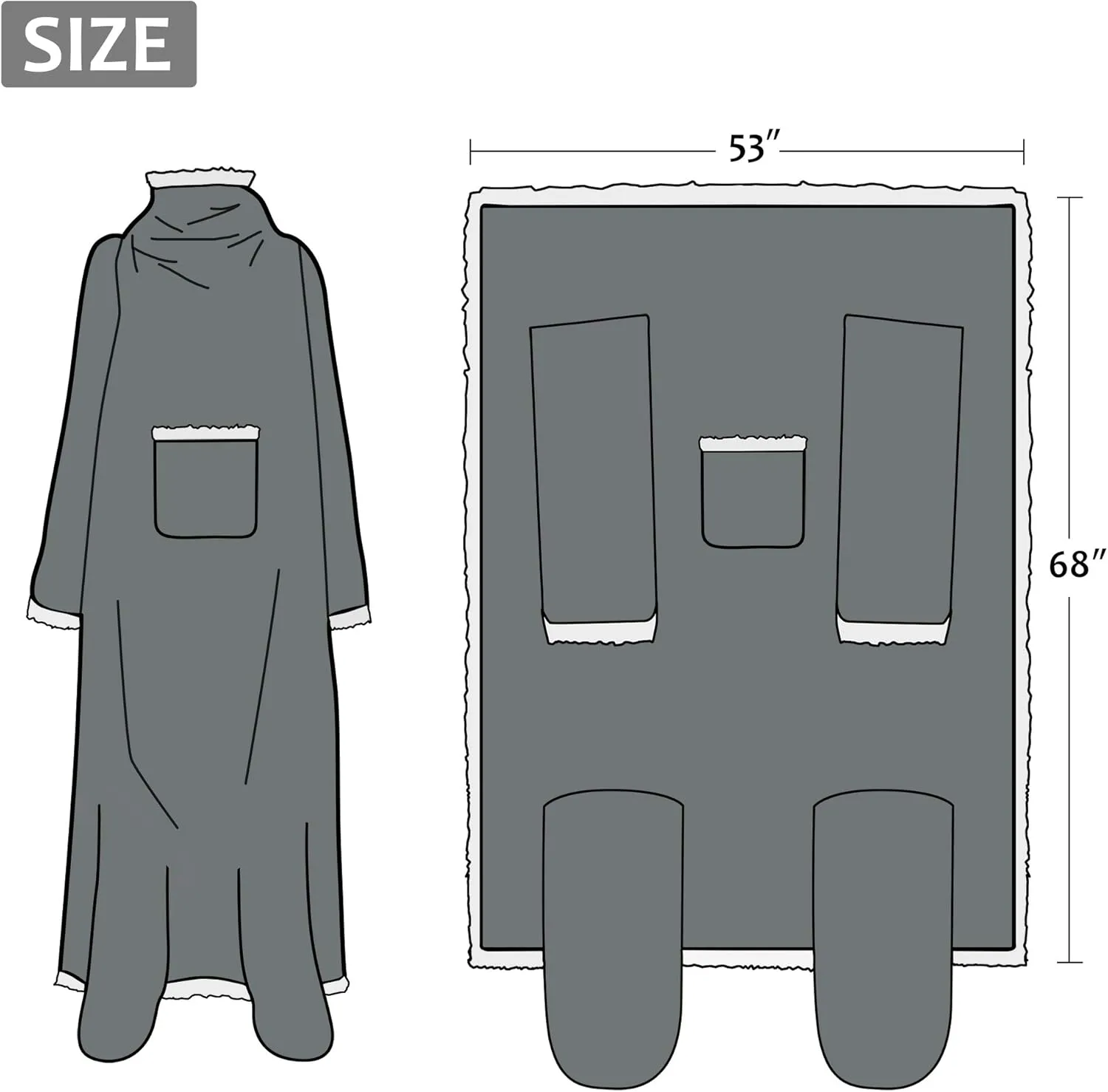 Catalonia Sherpa Wearable Blanket with Sleeves & Foot Pockets for Adult Women Men, Comfy Snuggle Wrap Sleeved Throw Blanket Robe, Gift Idea, Grey