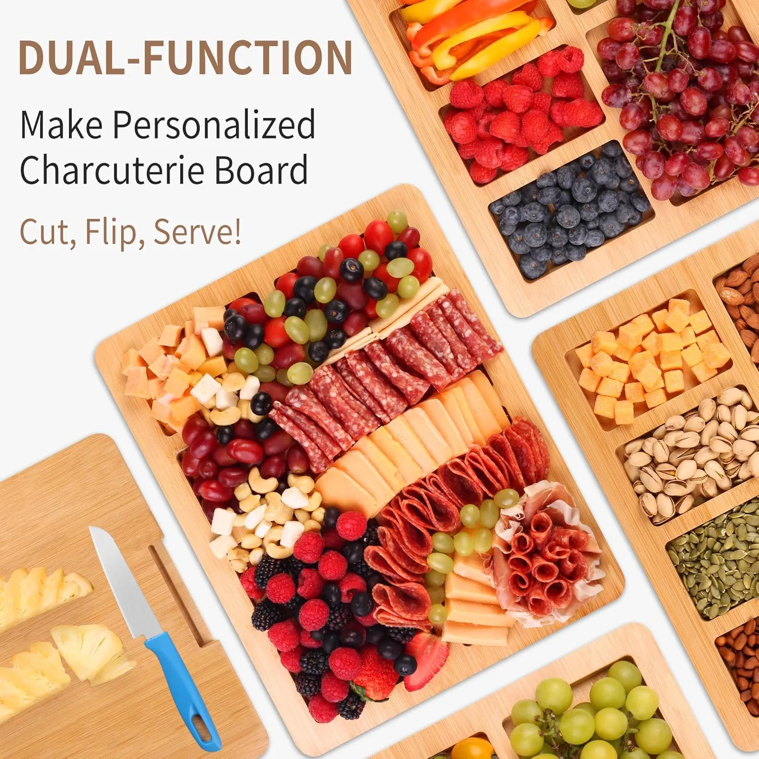 Charcuterie Board with Lid and Handle - Portable Travel Design Bamboo Cheese Board Set with 4 Cheese Tools, Gift for Housewarming, Weddings, Picnics(6 Compartments, White)