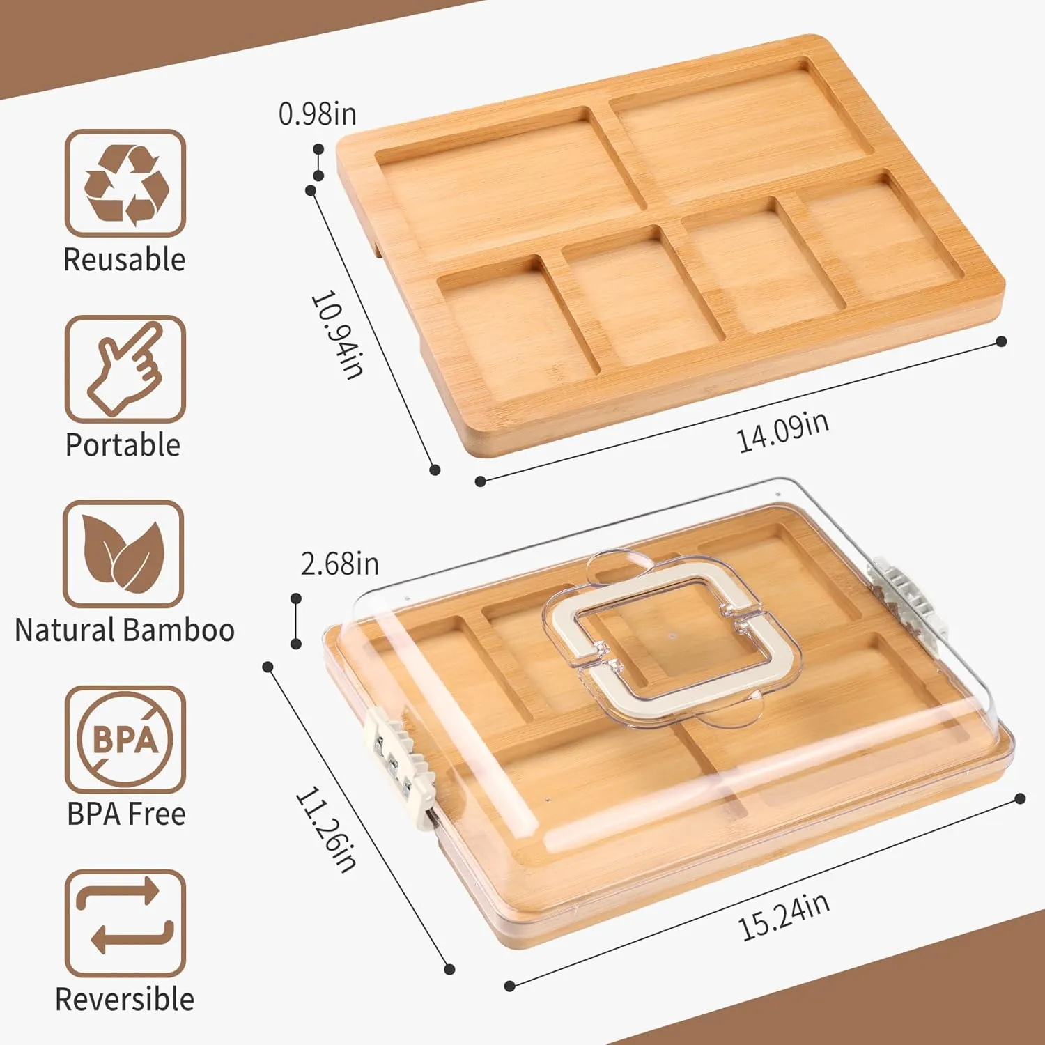Charcuterie Board with Lid and Handle - Portable Travel Design Bamboo Cheese Board Set with 4 Cheese Tools, Gift for Housewarming, Weddings, Picnics(6 Compartments, White)