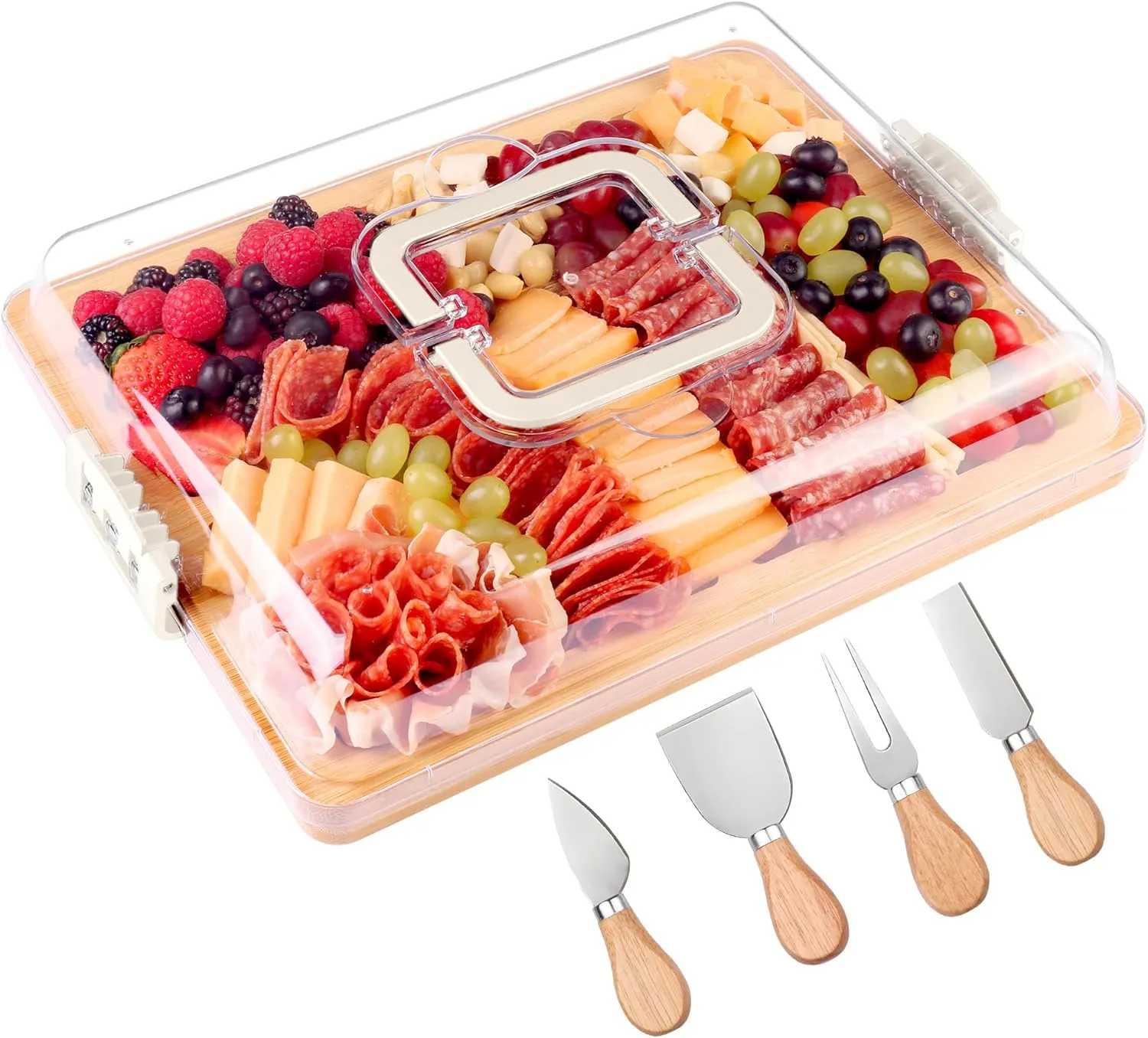 Charcuterie Board with Lid and Handle - Portable Travel Design Bamboo Cheese Board Set with 4 Cheese Tools, Gift for Housewarming, Weddings, Picnics(6 Compartments, White)