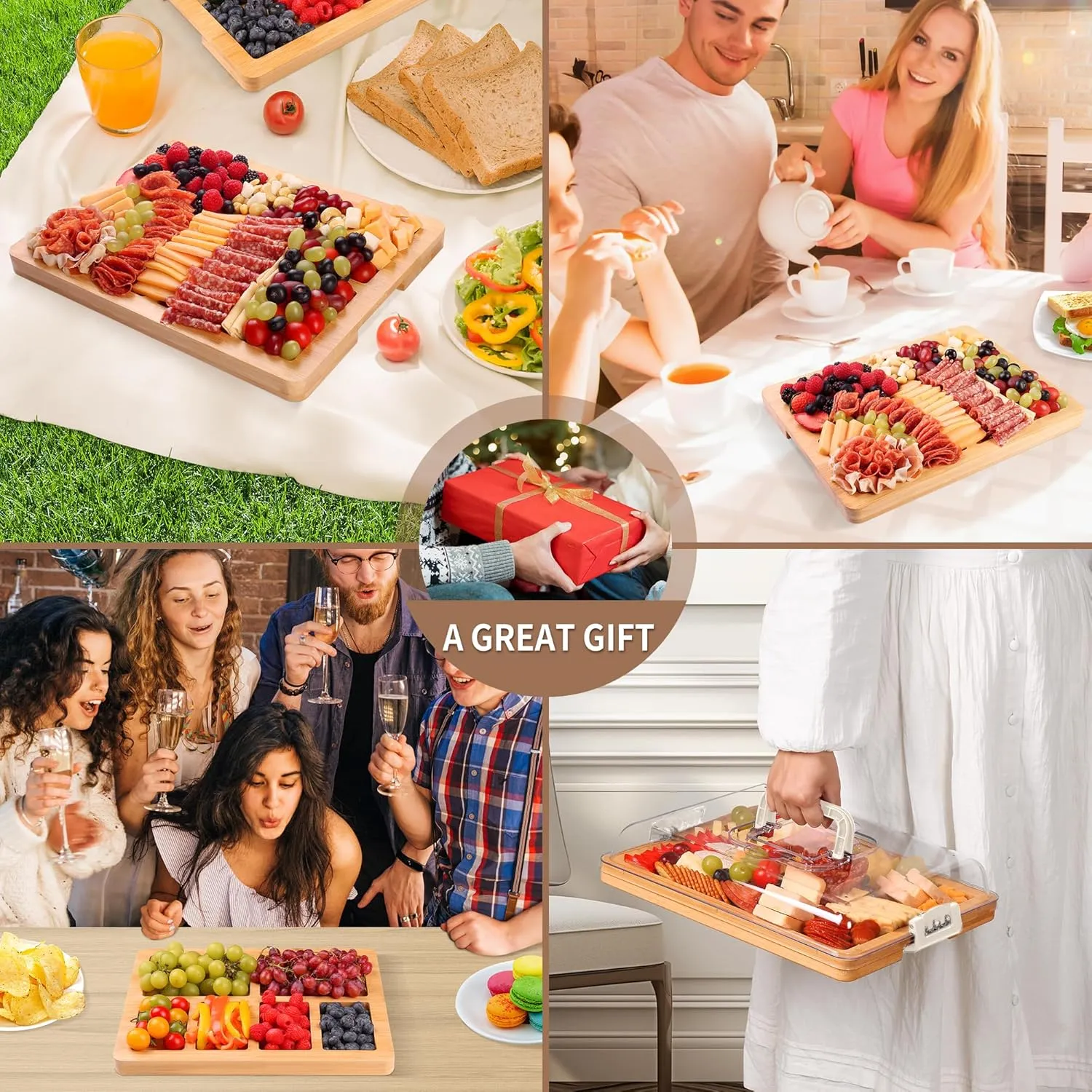 Charcuterie Board with Lid and Handle - Portable Travel Design Bamboo Cheese Board Set with 4 Cheese Tools, Gift for Housewarming, Weddings, Picnics(6 Compartments, White)