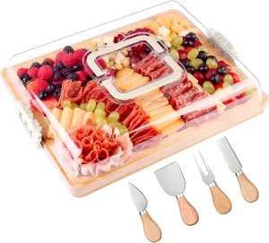 Charcuterie Board with Lid and Handle - Portable Travel Design Bamboo Cheese Board Set with 4 Cheese Tools, Gift for Housewarming, Weddings, Picnics(6 Compartments, White)