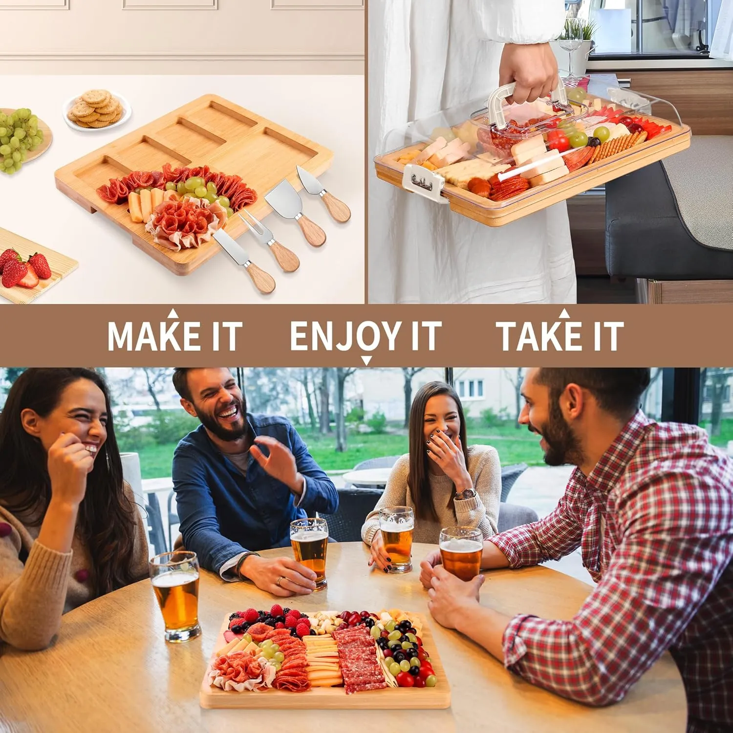 Charcuterie Board with Lid and Handle - Portable Travel Design Bamboo Cheese Board Set with 4 Cheese Tools, Gift for Housewarming, Weddings, Picnics(6 Compartments, White)