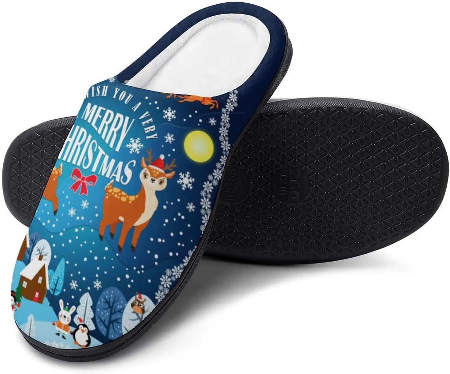 Christmas Slippers For Women Cotton House Slippers Hard Sole Comfy Clog Slippers Warm Slip-On Shoes Indoor Outdoor